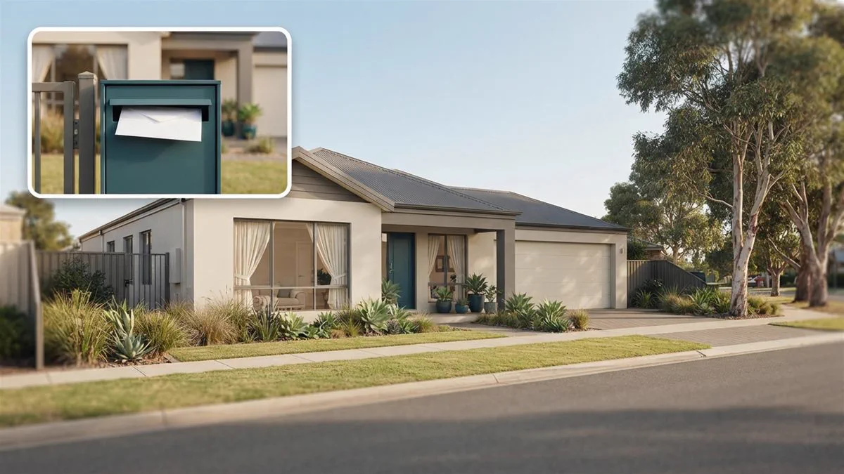 An empty Australian house with the curtains open and the garden kept, seen from the street on a still afternoon